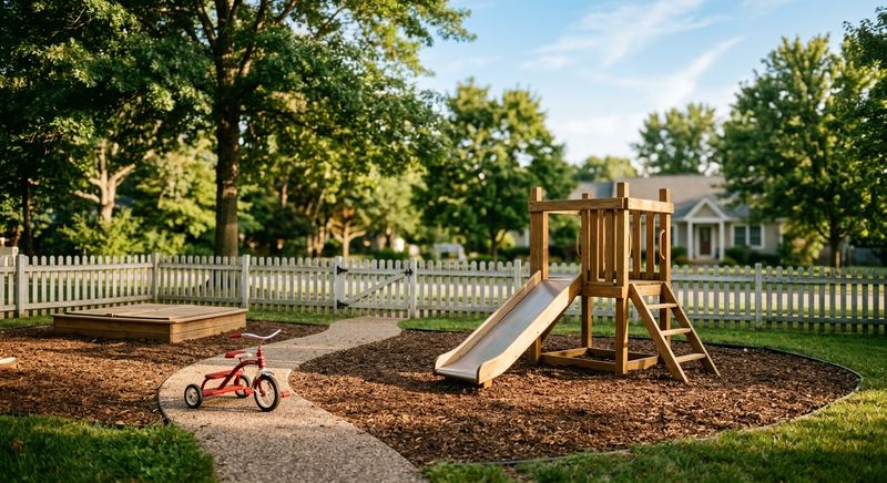 Fenced play yard with a wooden climbing frame and slide, a sandbox, and a red tricycle on the path