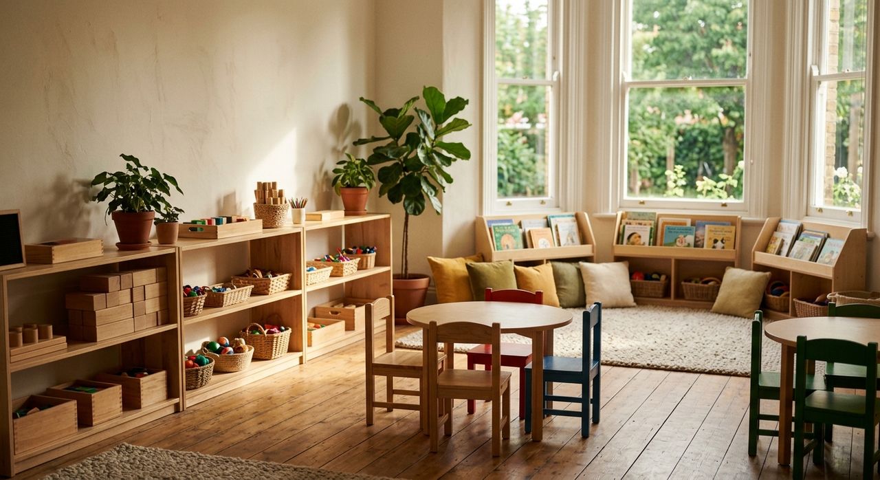 Sunlit preschool classroom with low wooden tables, small chairs, and shelves of books and blocks