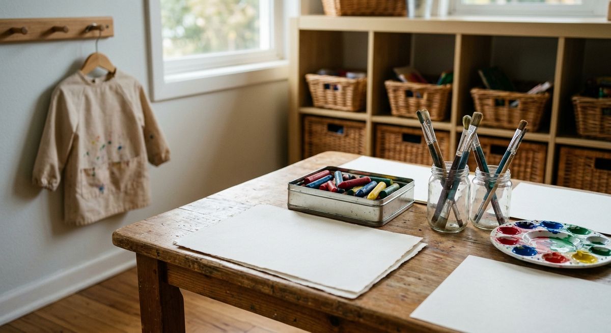 Art table with a tin of crayons, jars of paint brushes, and a child's smock hanging on a peg